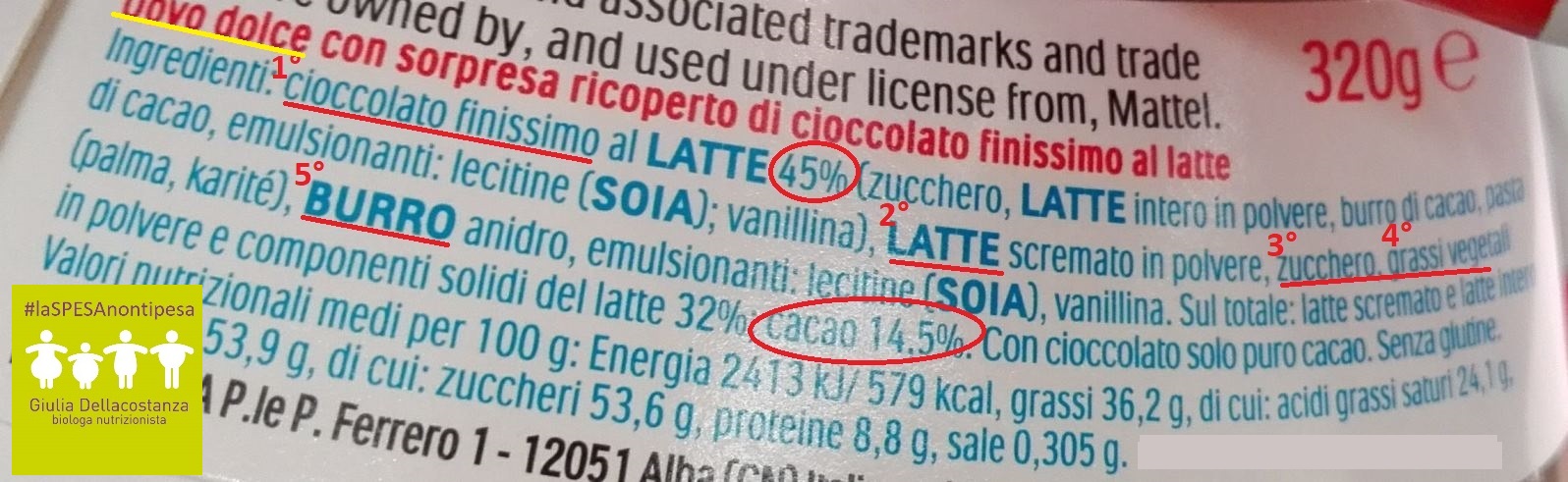 Etichetta degli ingredienti Uovo di Pasqua Kinder
