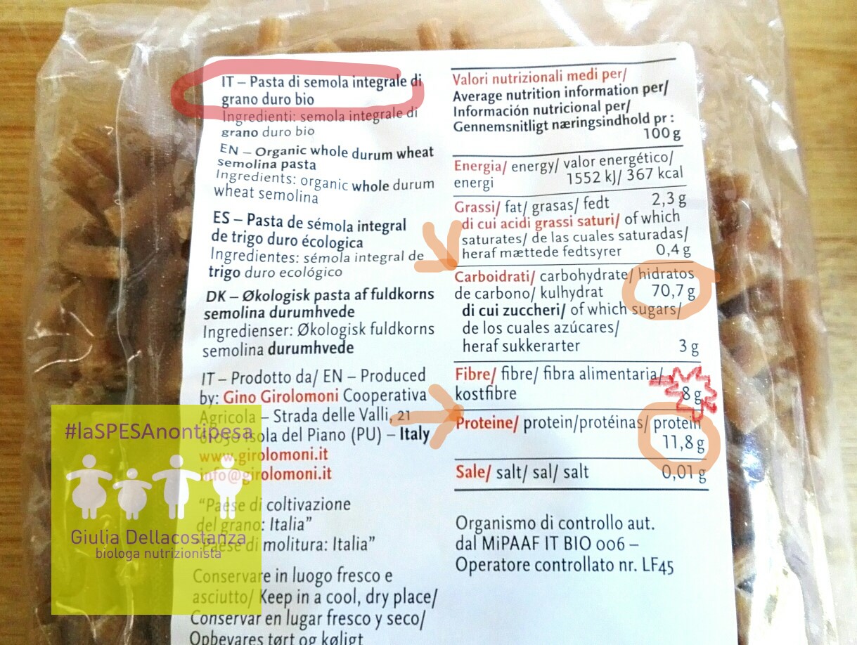 etichetta nutrizionale pasta di semola di grano integrale 